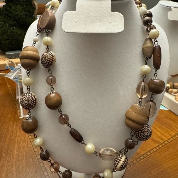 Wood Bead Layered Necklace - Brown Cream - Picture 3 of 3